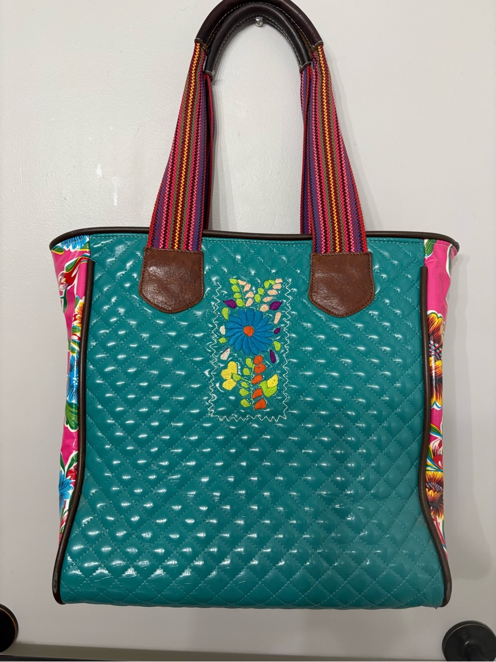 Consuela Teal Quilted Tote with Floral Side Panels and Striped Handles - Picture 3 of 12